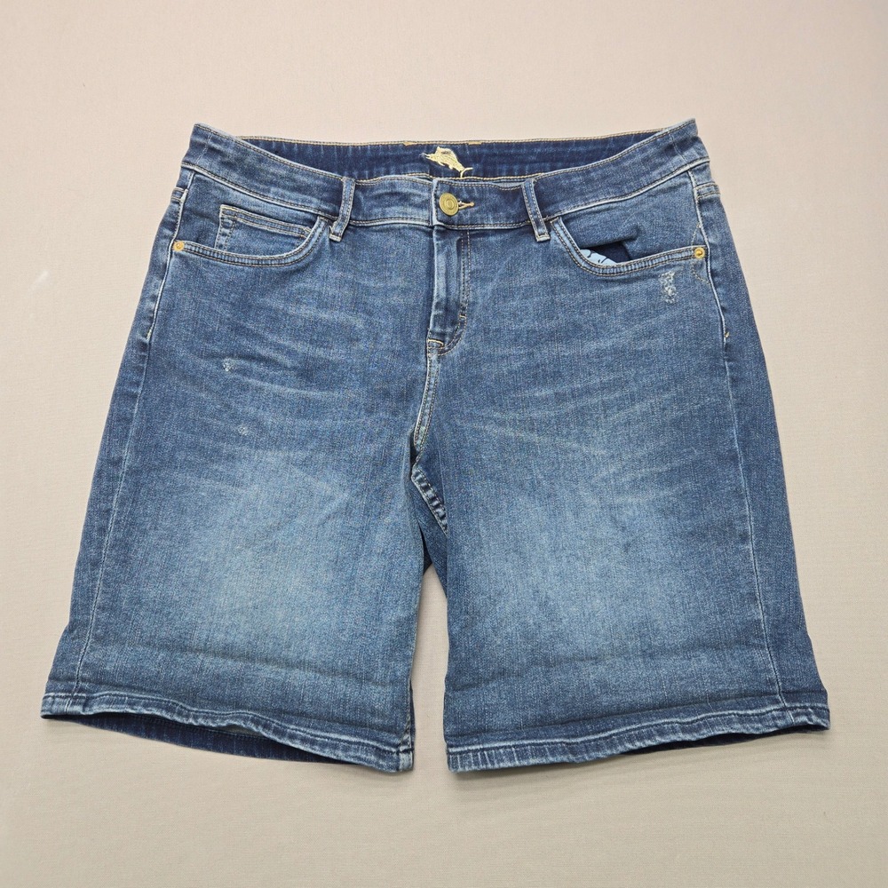 Tommy Bahama Denim Bermuda Shorts Mid Shore Raw Blue Distressed Mens 32 Stretch